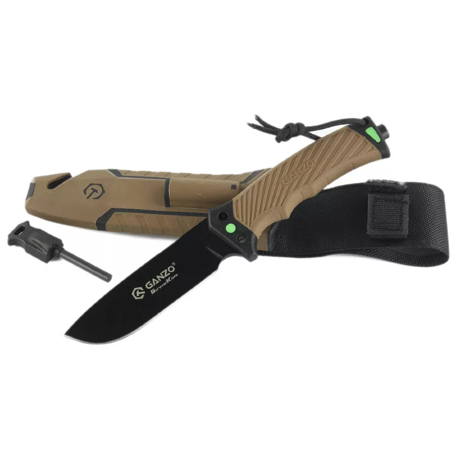G8012V2-DY – Survivalmesser – Schwarzer 8Cr13-Stahl – Braunes ABS-Griff