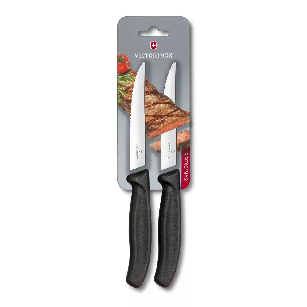 Swiss Classic – Gourmet Steak and Pizza Knife – Serrated – 12 cm – Black – 2-pack – Blister