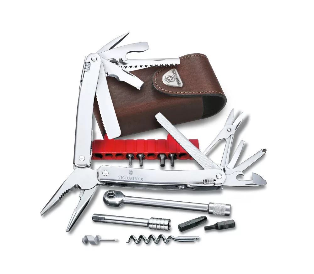SwissTool Spirit X Plus Ratchet – Multitool – Leather Pouch