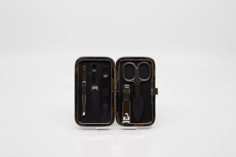 Small Metal-Frame Manicure Set – 5 Pieces – Nickel-Plated – Black Leather Case