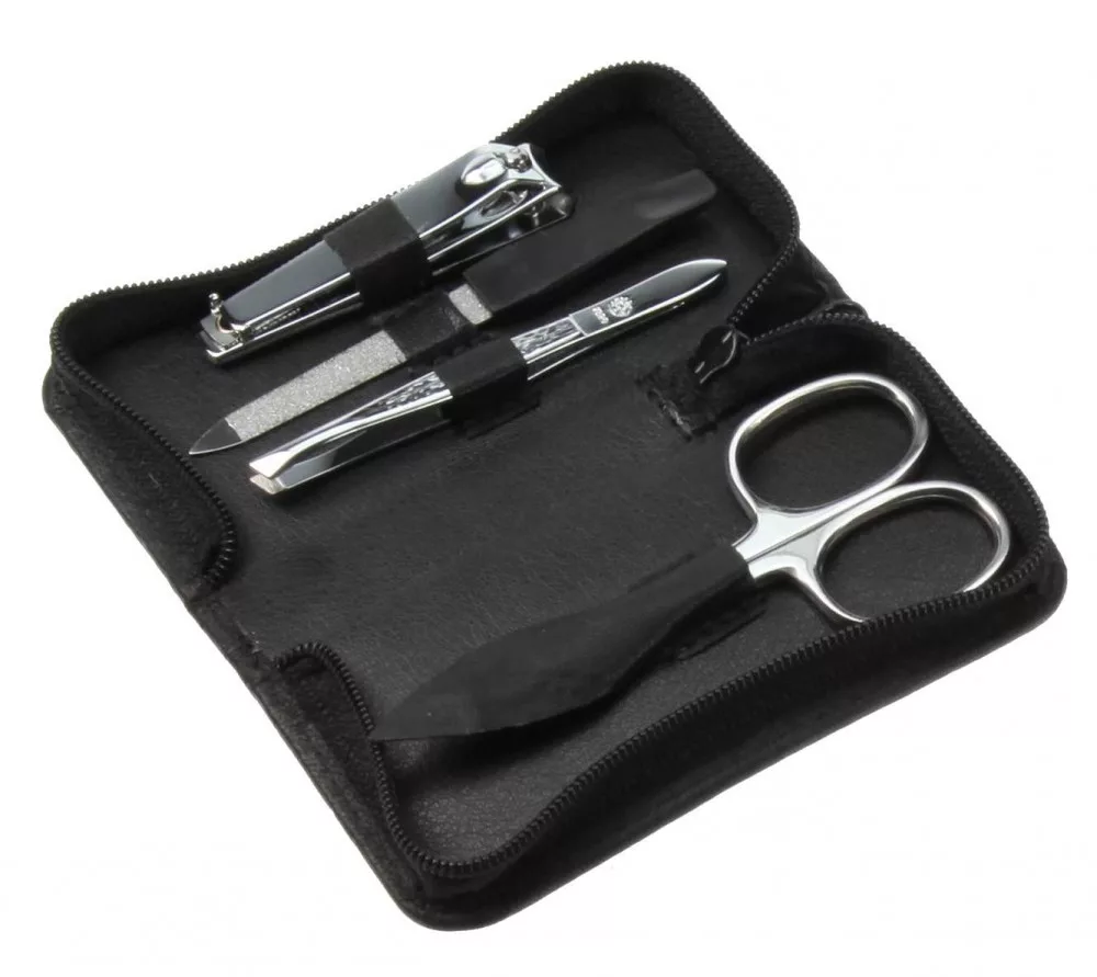 Zip Manicure Set – Mini – 4-piece – Nickel-plated – Black leather case