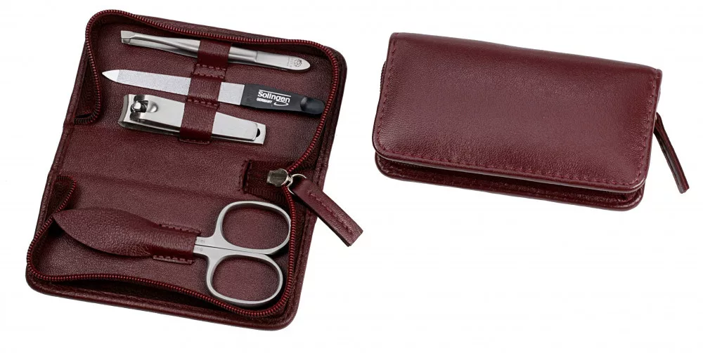 Zipper Manicure Set – Mini – 4-piece – Stainless Steel – Burgundy Leather Case