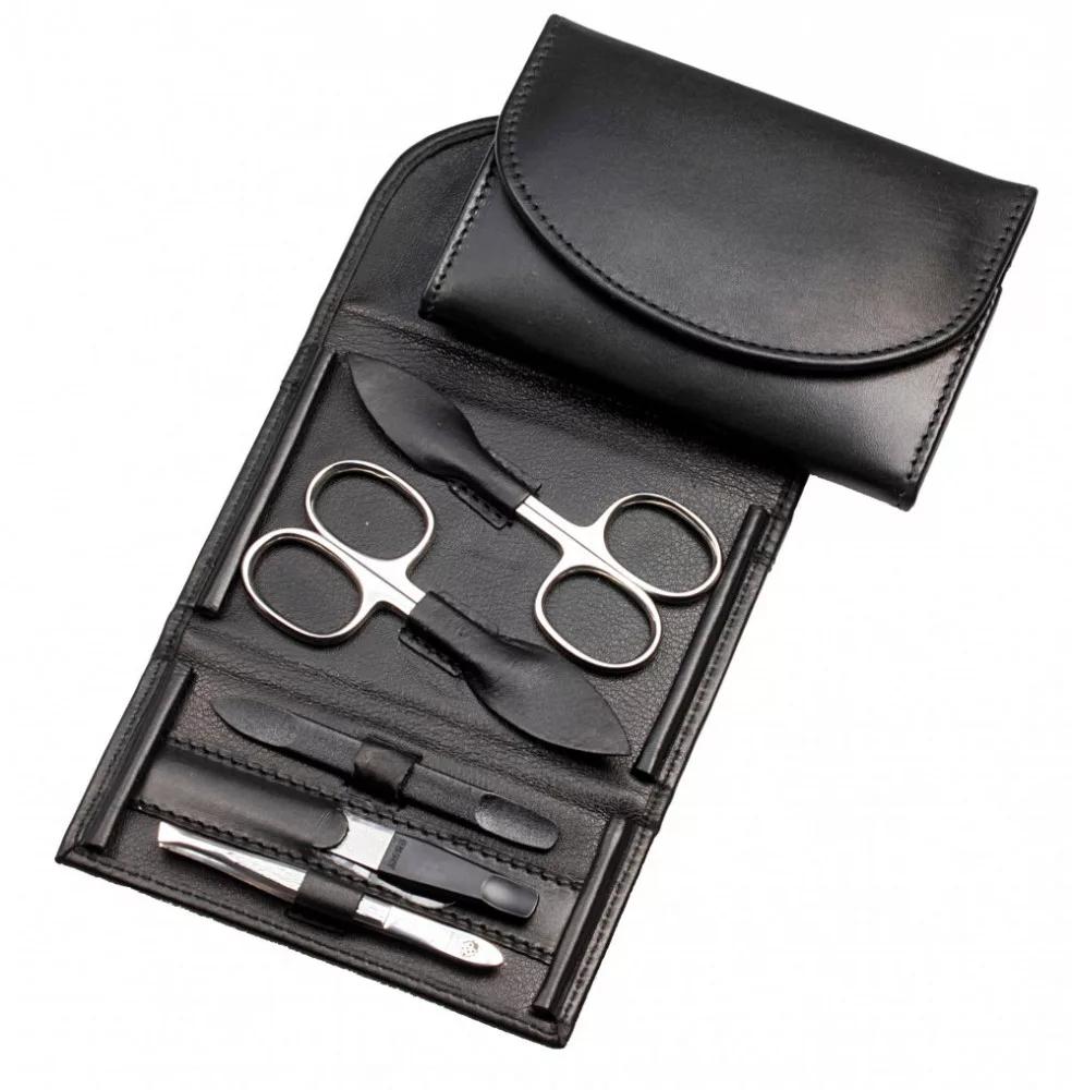 Wallet-shaped manicure set – 5-piece – Nickel-plated – Black leather case