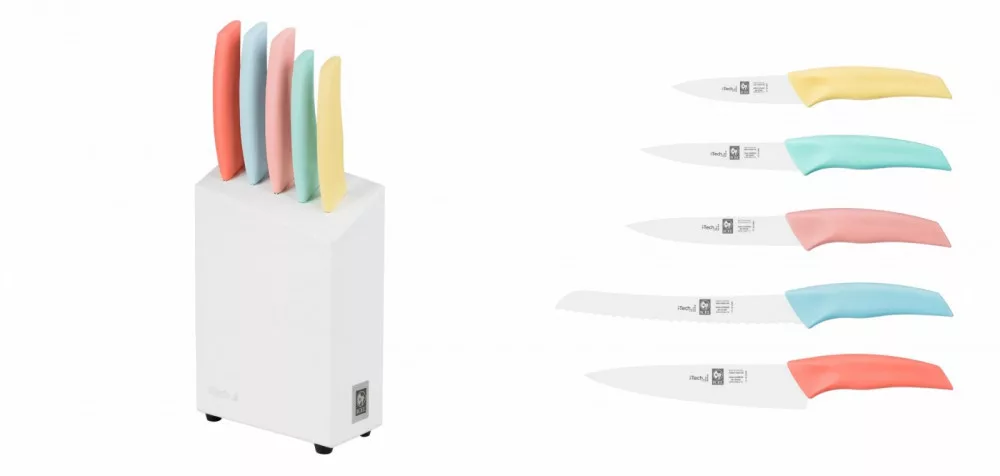 I-Tech – Messerset – 5-teilig – In weisser Box – Mit pastellfarbenen Messern
