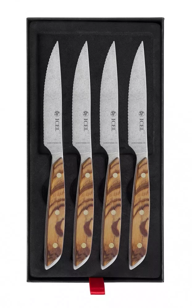 Steakkés Készlet – 4 Darabos – Recés – Olajfa